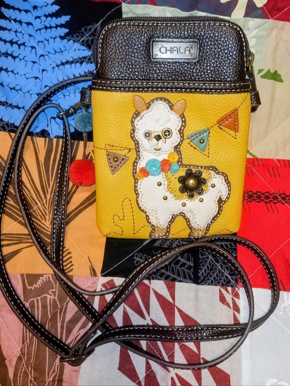 SALE💥Chala Brown And Yellow Lama Polka Dot Lined Crossbody Interior.
